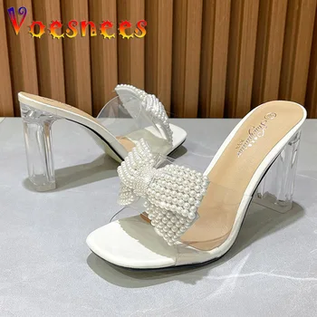 Дамски чехли Voesnees, новост лятото на 2022, сандали с отворени пръсти и лък с перли, удобни елегантни вечерни обувки от прозрачен PVC 9 см