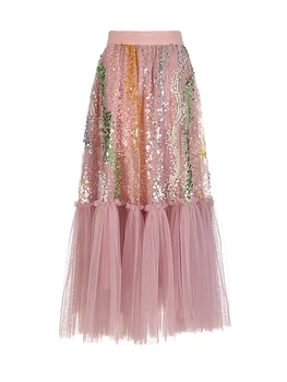 Модни дамски поли от тюл с еластична висока талия и разноцветни пайети, многопластова мрежа пола Midi за партита, ежедневни облекла