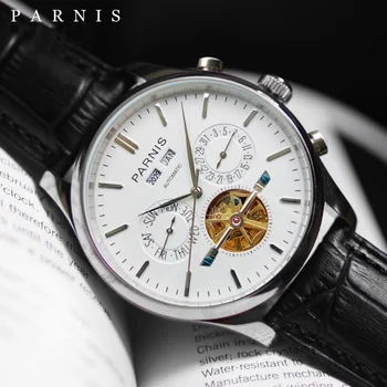 Parnis 43 мм Бял циферблат Автоматичен механичен мъжки часовник верижка от неръждаема стомана Мъжки часовници Топ луксозна марка Подарък кутия Мъжки часовник