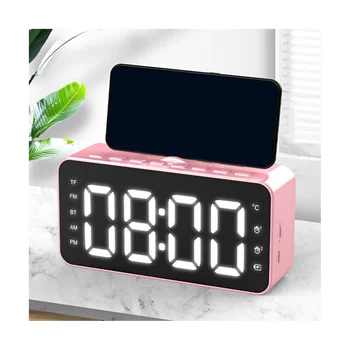 Многофункционална аларма, радио, настолни часовници с LCD дисплей, възпроизвеждане на музика, съвместим с Bluetooth, цифров часовник с аларма за офис, розов