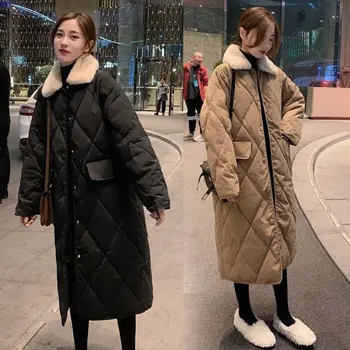 2023 Есен-зима Нови жени утолщают Корейски Свободен Студентски кожа яка от овча козина със средна дължина, с памучна подплата, однобортные палто