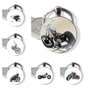 Модерен творчески cartoony дизайн Стъклен ключодържател с кабошоном, автомобилни ключодържатели ръчно изработени в стил пънк, мотоциклет