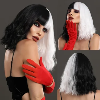 14 цвята NAMM Lolita Боб, черно-бяла перука от вълнообразни права коса с бретон Cruella Devil за женски коледни перуки за cosplay на Хелоуин