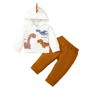 Есенното облекло за малки момчета, Класически hoody с качулка и принтом динозавър, Комплект панталон за малки деца