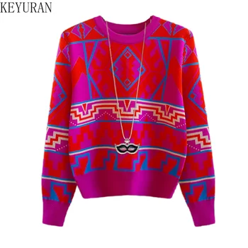 Корейски Модерен пуловер в стил мозайка с геометричен модел, Жена Пролетно-есенния вязаный пуловер с дълъг ръкав, Трикотажни блузи с кръгло деколте, Жилетка